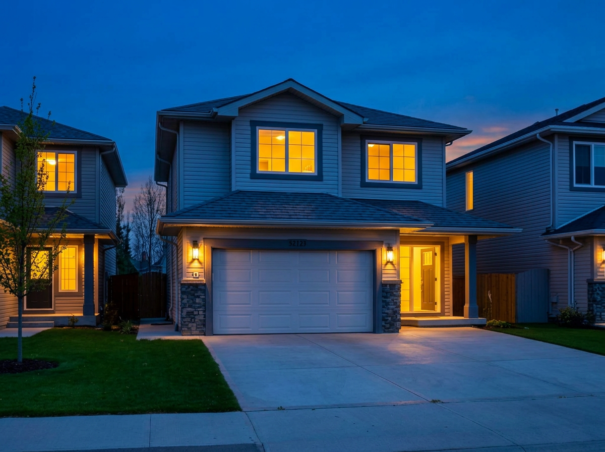 Detached houses evening lights example — enhanced
