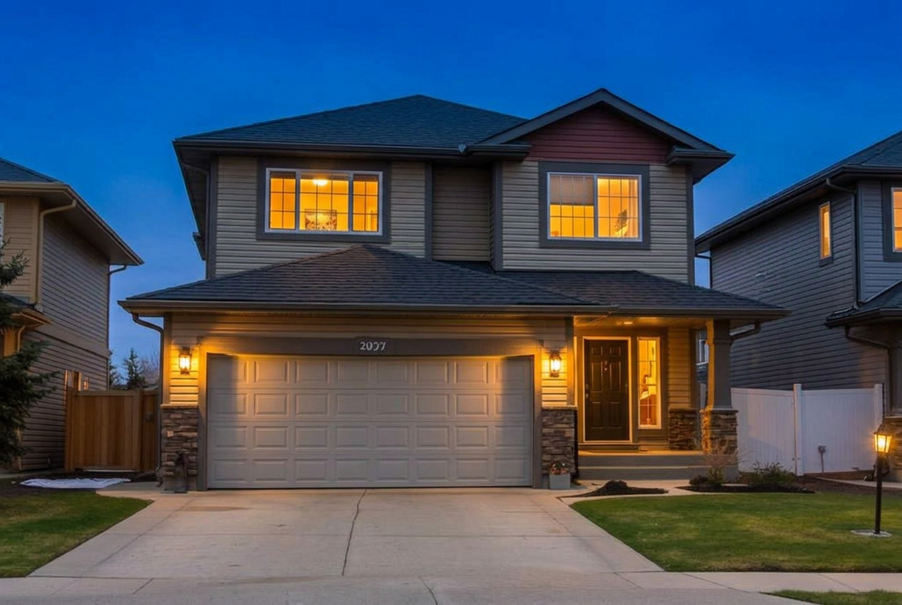 AI evening lights exterior example — enhanced