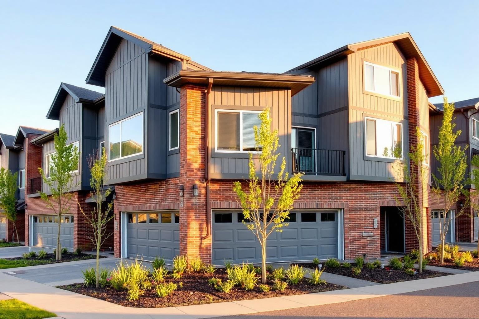 Calgary condo townhouse complex with attached garages and landscaped walkways