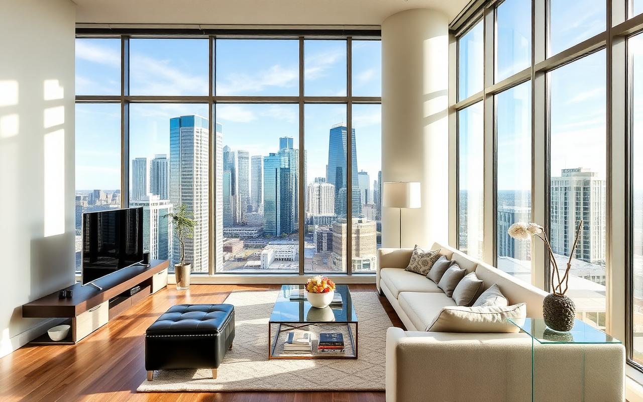 Calgary condo living room with downtown skyline views