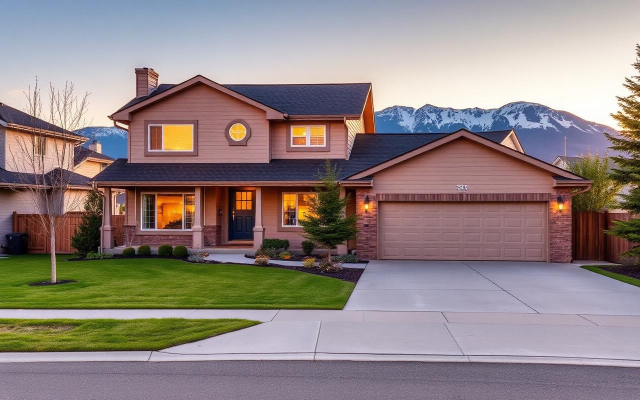 Detached Calgary family home with double garage at golden hour