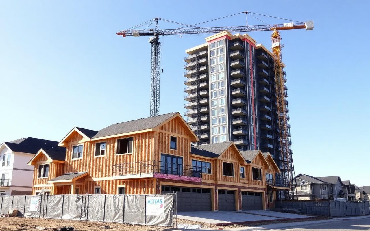 New construction homes and a condo tower under way in Calgary